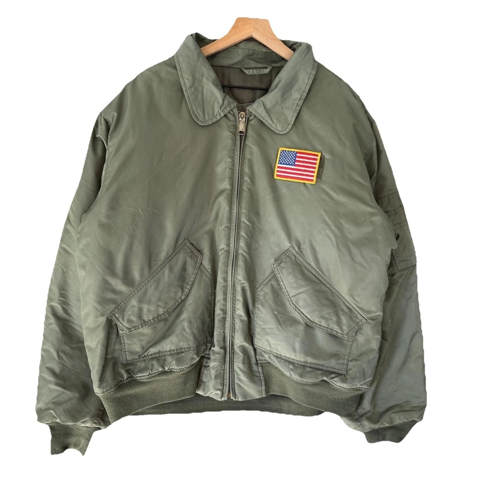 Vintage US Army Style Jacket Mens XL Green Nylon Bomber American Flag Patch